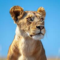 A lion is looking up at the sky photo