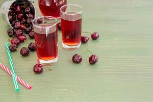In the frame on the left a small bucket with cherries, around scatterd cherries, on the right empty space on a light green background. Bucket of cherries. Horizontal. Daylight. photo