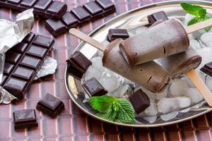 Chocolate ice cream on a stick on a silver platter with ice and pieces of chocolate mint leaves near pieces of chocolate on a chocolate background. Chocolate ice cream popsicles. Horizontal. Close. photo