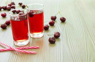Left two glasses of cherry juice around scattered cherries, right empty space for text on light green background. 2 cherry juices, straws and empty space. Horizontal. Close. Daylight. photo