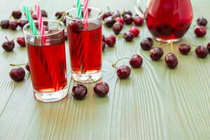 Left 2 glasses of juice, green straws, scattered cherries, jar of cherry juice, on right empty space for text on green background. Cherries, cherry juice and empty space. Horizontal. photo