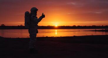 A person in a space suit standing on a beach photo