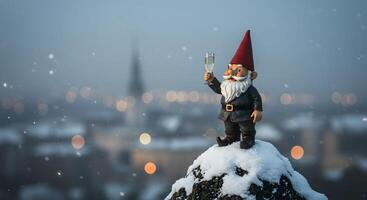 A gnome is standing on top of a mountain with a glass of wine photo