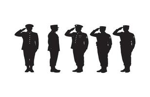 Silhouette of five military officers saluting in precise and formal positioning vector