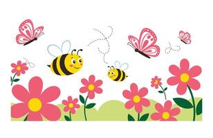 Happy Honeybees and Gentle Butterflies Floating Above Colorful Blossoms vector