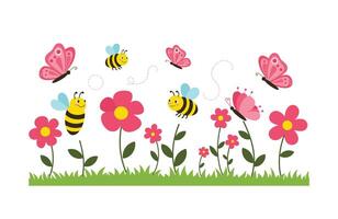 Beautiful Summer Field with Pollinating Insects and Lush Greenery vector