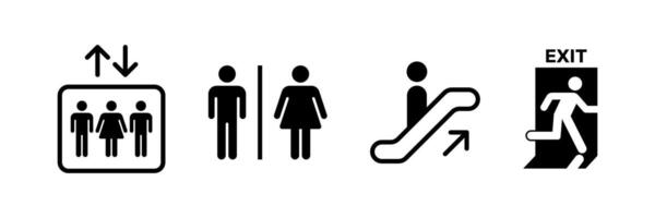 Set of public facility icons. Elevator, Restroom, Exit, and Escalator icon set. vector