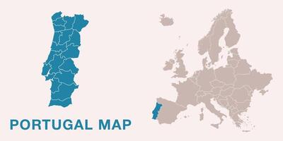 Map of Portugal with administrative divisions and highlighted position on Europe map. Isolated on white background illustration. vector