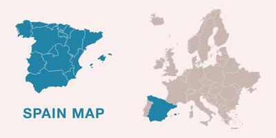 Map of Spain with administrative divisions and highlighted position on Europe map. Isolated on white background illustration. vector