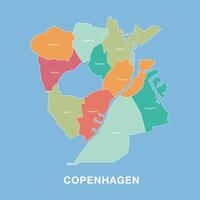 Colorful map of Copenhagen, Denmark with labeled administrative districts. Illustration isolated on blue background. vector
