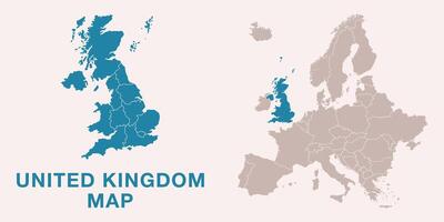 Map of United Kingdom with administrative divisions and highlighted position on Europe map. Isolated on white background illustration. vector