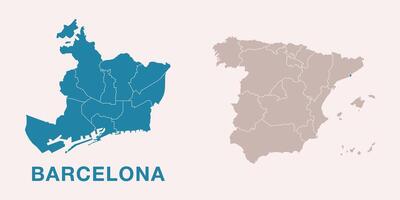 Detailed city map of Barcelona, Spain with location highlighted on Spain map. Spain map with regional divisions, isolated on background vector
