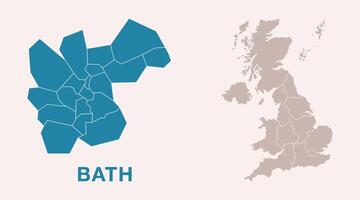 Detailed city map of Bath, United Kingdom with location highlighted on UK map. UK map with regional divisions, isolated on background. vector