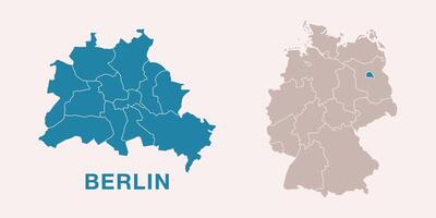 Detailed city map of Berlin, Germany with location highlighted on Germany map. Germany map with regional divisions, isolated on background. vector