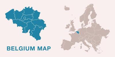 Map of Belgium with administrative divisions and highlighted position on Europe map. Isolated on white background illustration. vector