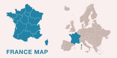 Map of France with administrative divisions and highlighted position on Europe map. Isolated on white background illustration. vector