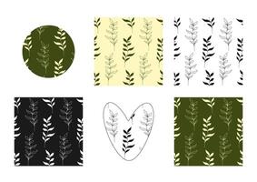 Set of seamless patterns with hand drawn stems with leaves, silhouettes, herbs, grass and branches in various simple minimalistic designs vector