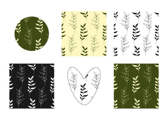Set of seamless patterns with hand drawn stems with leaves, silhouettes, herbs, grass and branches in various simple minimalistic designs