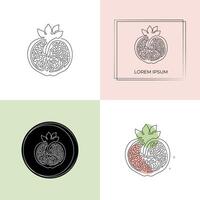 Set of minimalistic continuous line art of pomegranate with leaves for the logo in various designs. Pomegranate in one line art style. Isolated on white background vector