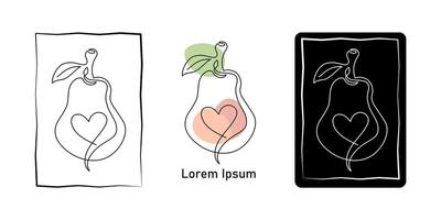 Set of minimalistic continuous line art of pear with leaf with cute heart shape for the logo in various designs. Pear with a cute heart shape in one line art style. Isolated on white background vector