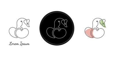 Set of minimalistic continuous line art of two cherries on stem with leaf for the logo in various designs. Cherry in one line art style. Isolated on white background vector