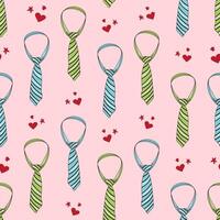 Seamless pattern with hand drawn doodle necktie, neckcloth, star and heart shapes. Stripe pattern tie colorful seamless pattern vector