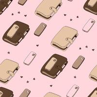 Seamless pattern with hand drawn doodle mobile smartphone, organizer, planner, office notebook in a leather case with a clasp and pen vector