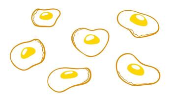 Frying egg doodle set hand-drawn line icons of eggs in pan and fried eggs. Breakfast-themed illustration. Isolated on white, perfect for food design and menus. vector