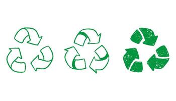 Set of hand drawn recycle arrows icons. Pencil and chalk style green color. Eco-friendly sketchy pencil line arrows. illustration for sustainable development and ecological design vector