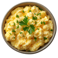 Creamy Scrambled Eggs with Parsley Garnish in Bowl png