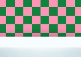 Pink and green checkered background 3d with white podium space for selling products, backdrop, wallpaper, background, text. illustration. vector