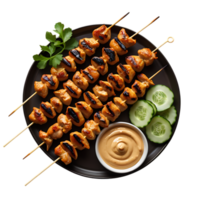 Chicken skewers with dipping sauce on a black plate png