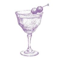 Stipple cocktail illustration with halftone dot texture, gritty and noisy effect. Hand drawn sketch for pop art inspired bar menu or retro cafe poster design, bitmap. vector