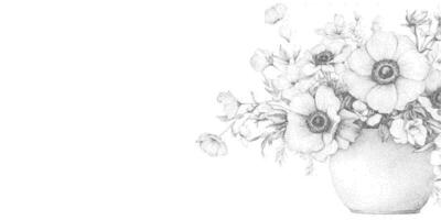 Bouquet of flowers in a ceramic vase with gritty dot halftone effect. Grunge style composition for retro pop art banner, stipple texture with sketchy lines, bitmap. vector