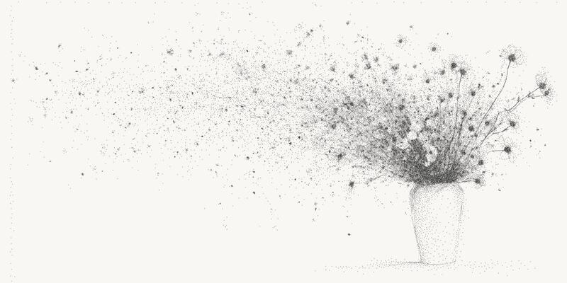 Bouquet of flowers in a vase with noisy gritty dot halftone effect. Fashionable banner in grunge style, pop art retro sketch, stipple banner.