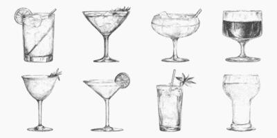 Set of classic cocktails and drinks in vintage ink sketch style with noisy gritty dot halftone effect in various glass styles. Retro pop art stipple for restaurant banners, Italian style. vector