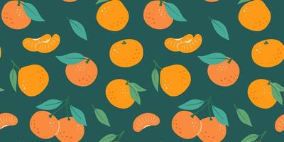 Seamless pattern with tangerine with leaves, fruits on dark background. illustrations of flat citrus. vector