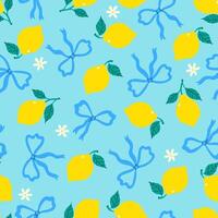 Seamless pattern with lemons and blue bows. graphics. vector
