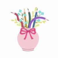 Flowers and colored pencils in a vase on a white background. graphics. vector