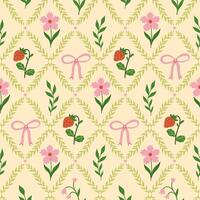 Seamless pattern with rhombuses, bows, flowers, strawberries. graphics. vector