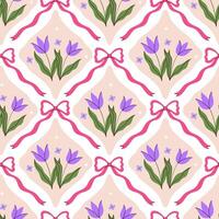 Seamless pattern with purple flowers and pink bows. graphics. vector