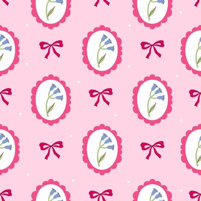 Seamless pattern of bell flowers in oval frames and bows. graphics.