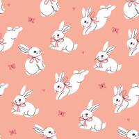 Seamless pattern with white rabbits with bows on their necks. graphics. vector
