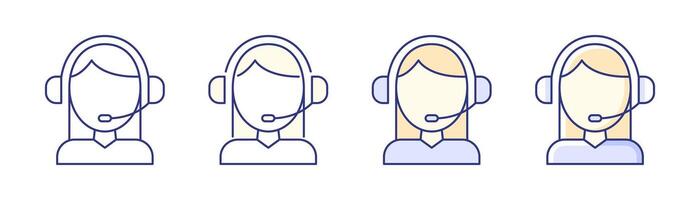 Call center worker outline and colored icons with editable stroke. Customer service operator with headset. illustration vector