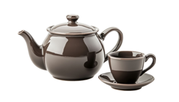 Brown ceramic teapot and teacup set on display png