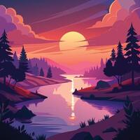 a sunset scene with a river and trees vector