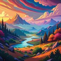 a painting of a mountain landscape with a river vector