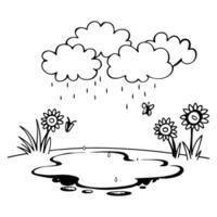 a cartoon drawing of a pond with flowers and clouds vector