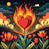 a heart with flames and flowers on a field vector