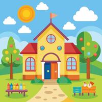 school building with playground and trees vector